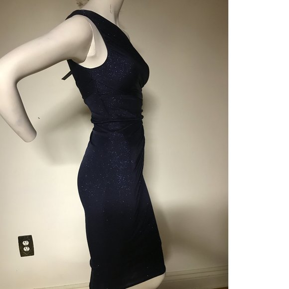 Le Chateau Navy Blue stretchy shiny sparkle metallic one shoulder dress NWT - Picture 8 of 8
